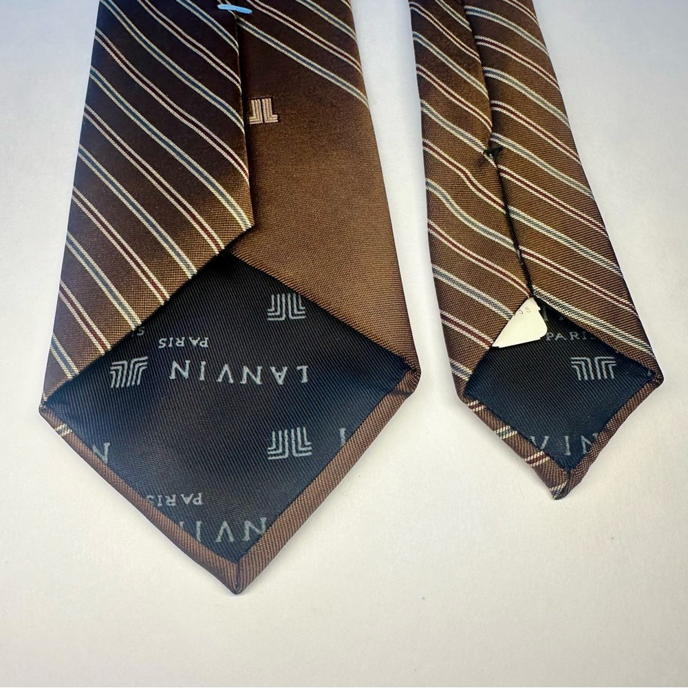 NWT x Vintage LANVIN Striped Brown Classic 95% Silk Tie, 3” - Picture 6 of 8